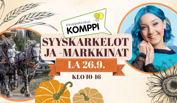 Kauppakeskus Kompin syysmarkkinat Ikaalisissa la 26.9.2026 klo 10-16 Kauppakeskus Kompin syysmarkkinat Ikaalisissa la 26.9.2026 klo 10-16